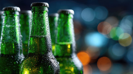 Green beer bottles with condensation against a blurred party background, ready for a celebration or social eventの素材