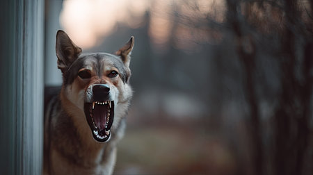 Fierce dog showing its teeth while barking at an intruder, warning to stay awayの素材