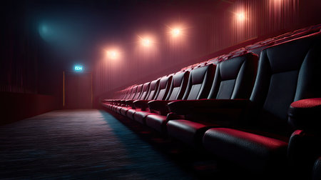 Luxury movie theater void of people, featuring extra-wide chairs and glowing exit signs in the distanceの素材