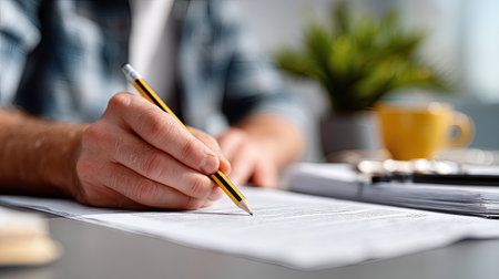 Focused working man sitting at a desk, using a pencil to carefully write notes on a printed documentの素材