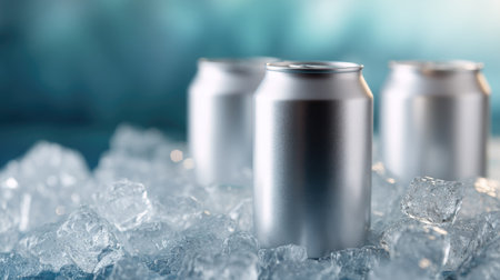 Group of matte-finished aluminum cans in clean ice chunks, soft lighting adding a premium product feelの素材