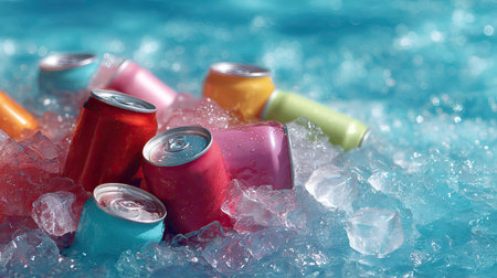 Group of brightly colored beverage cans submerged in melting ice, ideal for summer advertising themesの素材