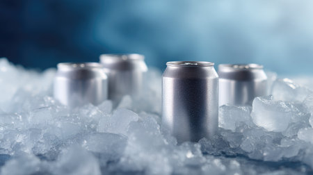 Group of matte-finished aluminum cans in clean ice chunks, soft lighting adding a premium product feelの素材