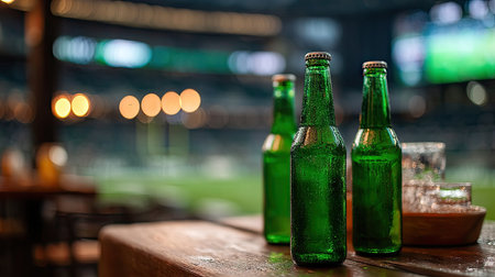 Green beer bottles on a table in front of a sports screen, with fans watching a game and enjoying drinksの素材
