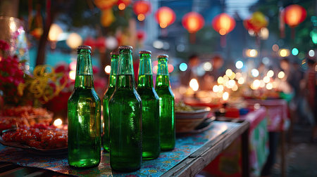 Green beer bottles stacked on a party table with festive decorations and a lively atmosphere in the backgroundの素材