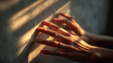 Female hands casting soft shadows on the skin, bathed in golden light from the setting sun, evoking peace and warmthの素材