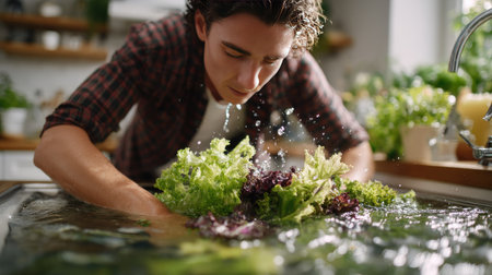 Focused man cleaning leafy greens in the kitchen sink, hands submerged in water with vegetables floatingの素材