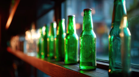 Green beer bottles lined up on a shelf in a cozy pub, with dim lighting highlighting their vibrant colorの素材