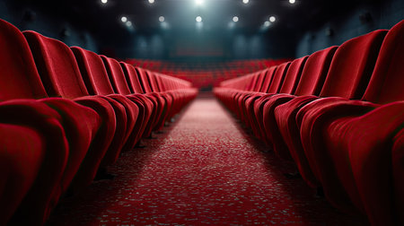 Large cinema auditorium with pristine rows of velvety red chairs, eerily silent and perfectly alignedの素材