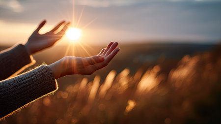 Feminine hands stretching outward with golden hour sun illuminating fine details, a peaceful evening momentの素材