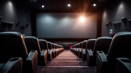 Empty movie theater featuring premium seats with armrests and cup holders, all facing the blank silver screenの素材