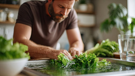 Focused man cleaning leafy greens in the kitchen sink, hands submerged in water with vegetables floatingの素材