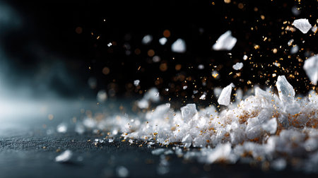 Ice particles flying in the air against a black background, frozen in time for a dramatic freeze-action effectの素材