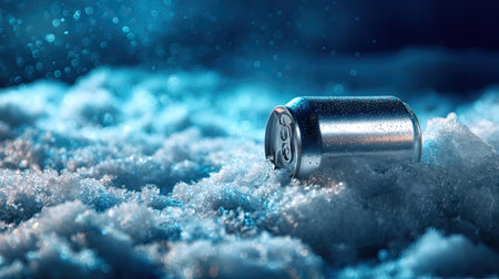 Horizontal aluminum can laying in crushed ice, reflecting cold blue and white lights for a dramatic chill effectの素材