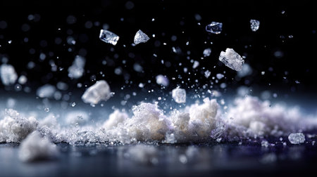 Ice particles flying in the air against a black background, frozen in time for a dramatic freeze-action effectの素材