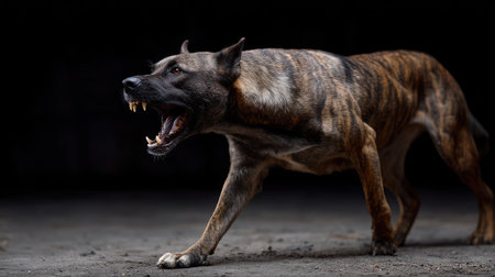 Large dog in a protective stance, bared teeth and body stiff as it stands ready to defendの素材
