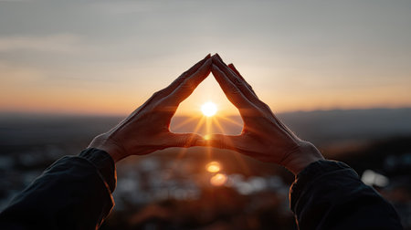 Hands forming a triangle around the setting sun, light spilling through as a symbol of focus and clarityの素材