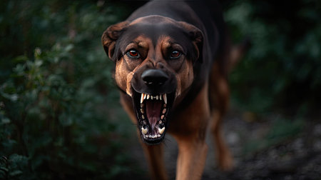 Menacing dog exposing its teeth in a warning pose, muscles tense and eyes focused on a potential threatの素材