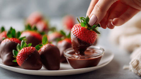 Hand dipping a ripe strawberry into melted chocolate, with a plate full of chocolate-dipped strawberries in the backgroundの素材