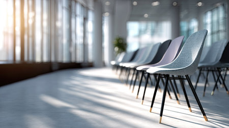 Modern office space with rows of vacant chairs lined up for a meeting or seminar, perfectly lit with daylightの素材