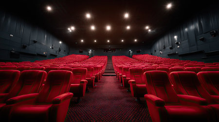 Large cinema auditorium with pristine rows of velvety red chairs, eerily silent and perfectly alignedの素材