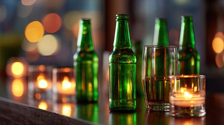 Green beer bottles arranged on a bar, with a few filled glasses beside them, reflecting soft, golden light in the backgroundの素材