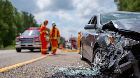 Head-on collision with severe front-end damage, rescue workers using tools to access passengersの素材