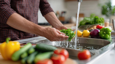Man focused on hygiene, rinsing organic vegetables in a stainless sink, kitchen background blurredの素材