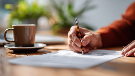Male freelancer reviewing a contract, pencil in hand, marking important sections in a calm workspaceの素材