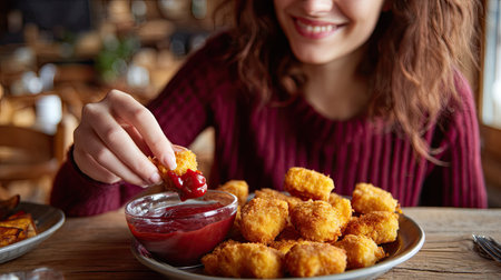 Happy woman dipping a chicken nugget into ketchup, with a plate of golden nuggets in front of her on a wooden tableの素材