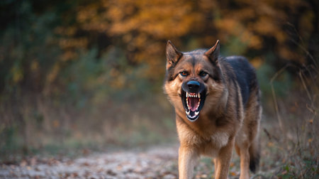 Large aggressive dog growling with sharp teeth visible, standing protectively near its territoryの素材