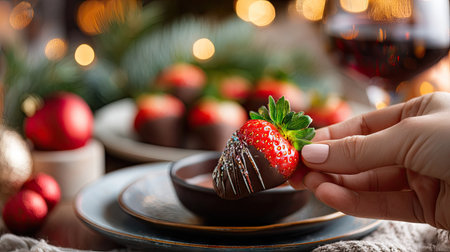 Hands holding a chocolate-dipped strawberry, with a beautifully set table and a festive atmosphere in the backgroundの素材