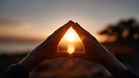 Hands forming a triangle around the setting sun, light spilling through as a symbol of focus and clarityの素材
