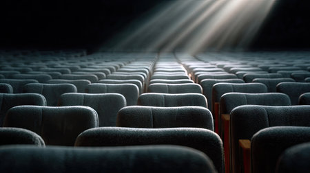 Front view of rows of empty theater chairs with soft padding, creating a sense of silence and anticipationの素材
