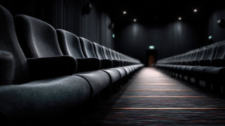 Long rows of dark upholstered movie seats in a silent, empty screening room with no visible screenの素材