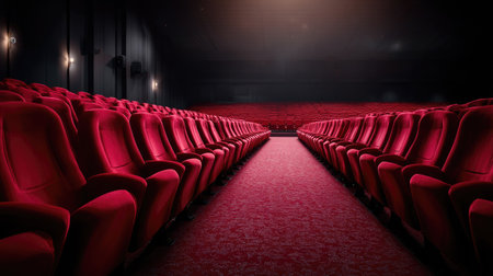 Large cinema auditorium with pristine rows of velvety red chairs, eerily silent and perfectly alignedの素材