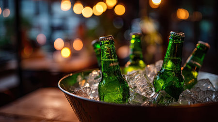 Green beer bottles placed in an ice bucket, surrounded by a cozy, dimly lit pub atmosphere, with friends enjoying drinks in the backgroundの素材