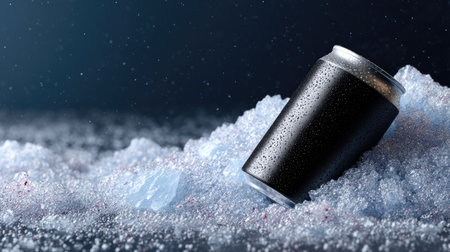 Modern beverage can leaning at an angle in frosty crushed ice, ideal for product placement or branding mockupの素材