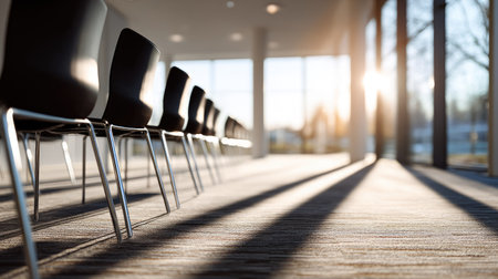 Modern office space with rows of vacant chairs lined up for a meeting or seminar, perfectly lit with daylightの素材