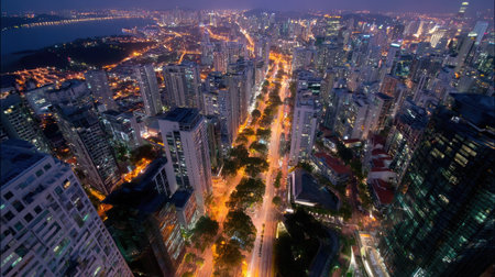 Panoramic view of a vibrant city at night from above, with streets lined with shimmering lights and skyscrapers glowing under the night skyの素材