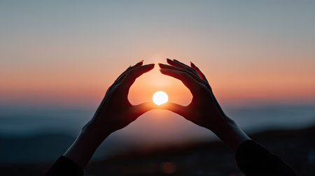 Two hands gently forming a circle around the setting sun, symbolizing protection and connection with natureの素材