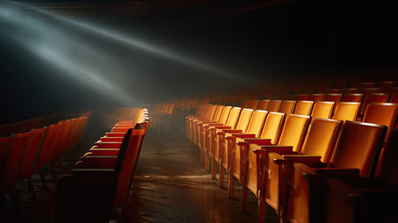 Pattern of many empty theater seats under dim lights, evoking solitude and quiet before a performanceの素材