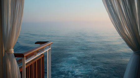 Peaceful ocean scene viewed from a cruise ship, with calm waters and the soft breeze of a fresh sea windの素材