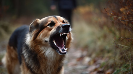 Protective dog with mouth open and dangerous teeth showing, warning a stranger near its ownerの素材