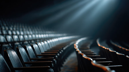 Pattern of many empty theater seats under dim lights, evoking solitude and quiet before a performanceの素材