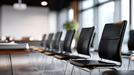 Set of empty black chairs arranged in a training room, projector and screen visible in soft background blurの素材