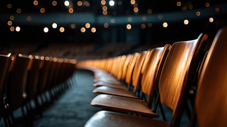 Rows of empty chairs neatly arranged in an auditorium, stage dimly lit, creating a mood of anticipation and silenceの素材