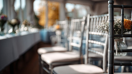 Rows of empty chairs at a wedding venue before guests arrive, soft decorations visible in the backgroundの素材