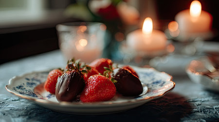 Romantic shot of strawberries dipped in chocolate on a fine china plate, surrounded by candlelight for a cozy atmosphereの素材