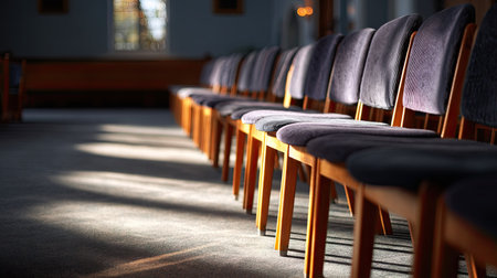 Rows of unoccupied chairs in a church or hall, suggesting stillness before a service or community meetingの素材